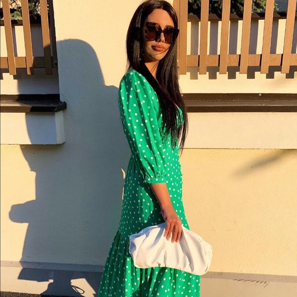 NWT Zara Green & White Polka Dot Satin Midi Dress - Picture 3 of 10